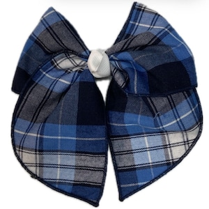 May include: A blue and white plaid bow tie with a white centre. The bow tie is made of a soft, woven fabric and has a slightly rounded shape.