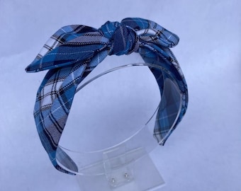 Knotted headband School uniform Plaid 76 Navy, White, Light blue School uniform matching hair bows for girls. Back to school accessories.