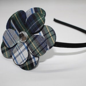 School uniform Navy, Hunter, Yellow Plaid 80 Petal flower  on thin headband with rhinestone, Plaid Uniform Hair Bow, Belmont Plaid 80