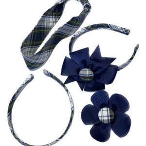 School uniform Set of 4 plaid 80 back to school bows girls school uniform bows. Navy, White, Light yellow