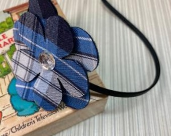 School uniform Navy, White, Light Blue Plaid, Plaid Flower headband, Back to School hair bows,  Plaid headband, bows for girls Plaid #76