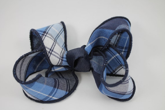 Plaid 76 School uniform plaid bow, Navy, White, Light Blue. Back to school hair bows.