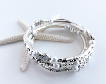 Silver and Pearl Fish Wrap Bracelet, Bracelet For Women, Yoga Gift Jewelry, Bracelet For Women Wrap Bracelets, Bracelet For Mom
