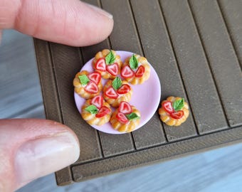 Handmade Polymer Clay Strawberry Cupcakes on the plate/Miniature, Dollhouse Food Decoration