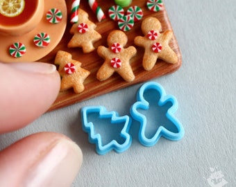 Miniature cutters for doll kitchen on a scale of 1 to 12, cutters Gingerbread Man and Christmas tree (2 pieces)(blue color). PLA