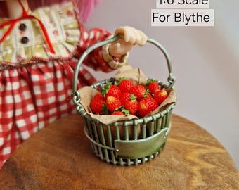 Handmade Polymer Clay Strawberry in the basket 1:6 scale/Miniature, Dollhouse Food Decoration