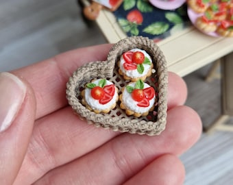 Handmade Polymer Clay Strawberry Miniature Cupcakes in basket/Dollhouse Food Decoration