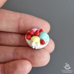 Miniature ice cream with strawberries on a plate. Handmade, polymer clay. Dollhouse food. Miniature food. Dollhouse.