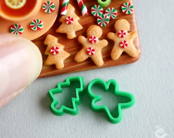 Miniature cutters for doll kitchen on a scale of 1 to 12, cutters Gingerbread Man and Christmas tree (2 pieces)(green color). PLA