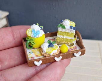 Handmade Polymer Clay Miniature Tray with Sweets, Lemon Decoration, Dollhouse Tableware