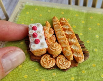 1:12 Miniature French Bakery Serving Board with Baguettes and Berry Roll Cake Set