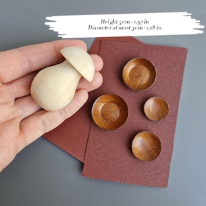Pode incluir: Uma figura de cogumelo em madeira clara e quatro pequenas taças redondas em madeira castanho-escura. O cogumelo tem 5 cm de altura e um diâmetro máximo de 3 cm. Os itens estão dispostos sobre uma folha retangular de cor vermelho-escura.