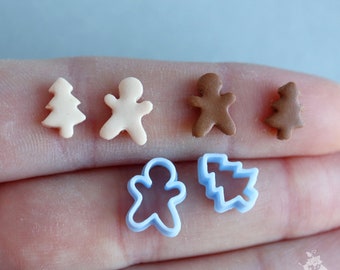 Miniature cutters for doll kitchen on a scale of 1 to 12, cutters Gingerbread Man and Christmas tree (2 pieces)(blue color). PLA