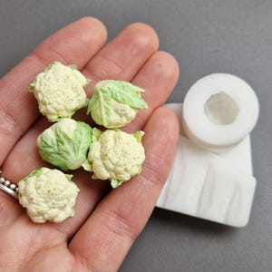 Pu&ograve; includere: Sculture di cavolfiori in miniatura con dettagli verdi e bianchi, tenute in una mano. &Egrave; visibile anche uno stampo in silicone bianco. Queste piccole miniature alimentari sono ideali per progetti di artigianato o case delle bambole.