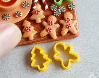 Miniature cutters for doll kitchen on a scale of 1 to 12, cutters Gingerbread Man and Christmas tree (2 pieces)(yellow color). PLA