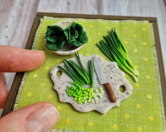 1:12 Miniature Chopped Green Onion Board Set, Dollhouse Kitchen Accessories (Handmade)