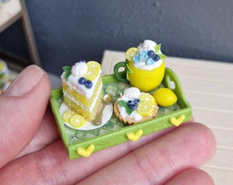 Handmade Polymer Clay Miniature Tray with Sweets, Lemon Decoration, Dollhouse Tableware