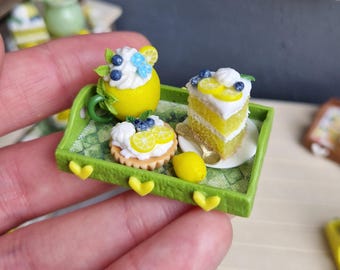 Handmade Polymer Clay Miniature Tray with Sweets, Lemon Decoration, Dollhouse Tableware