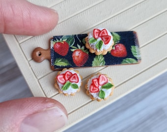 Handmade Polymer Clay Strawberry Cupcakes on the board/Miniature, Dollhouse Food Decoration