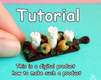 May include: A miniature candle centrepiece with three white candles, red berries, and green leaves on a brown wooden tray. The candles are surrounded by small, yellow and red apples. The tray is decorated with a brown wooden handle. The text "Tutorial" is written in white letters on a pink and blue background.
