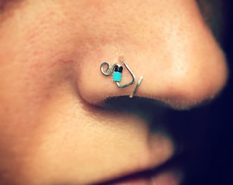 Black and turquoise fish nose ring, thin nose ring,  (24 and 22 gauge only)