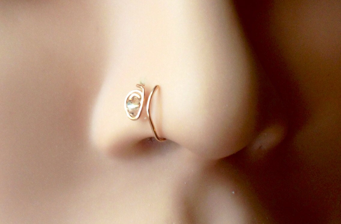 Double Hoop Nose Ring W Rose Quartz Crystal Bead Double Nose