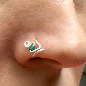 Green turquoise fish nose ring, thin nose ring,  (24 and 22 gauge only)