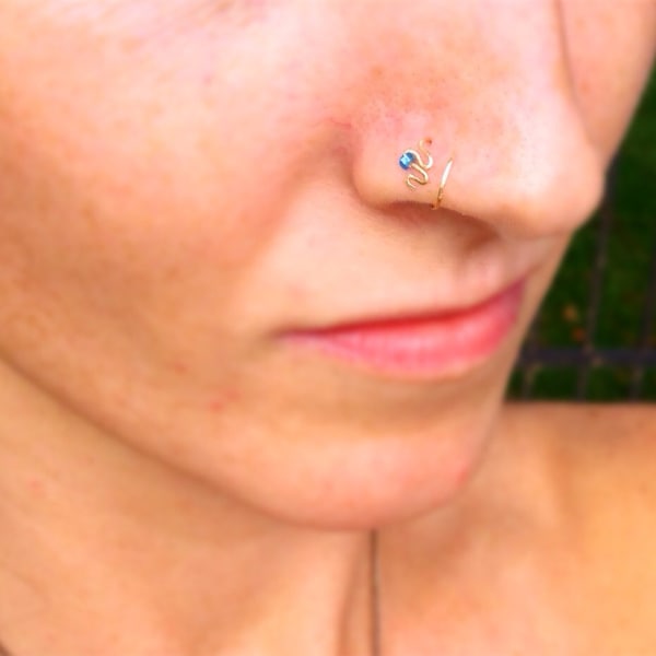 The Sammy Double Loop Nose Ring with Teal Bead in silver, gold or rose gold