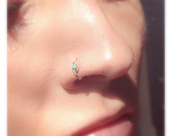 thin nose hoop with teal bead in silver, gold or rose gold, reversible nose ring