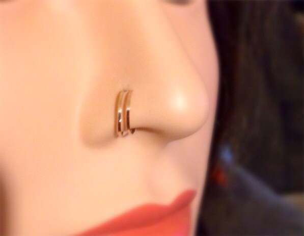 Set of 2 Hammered Double Hoop Nose Rings in Gold Rose Gold or