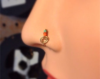 Turquoise and Orange Tribal Nose Ring Hoop, in Gold, Silver or Rose Gold (22 and 24 gauge wire)