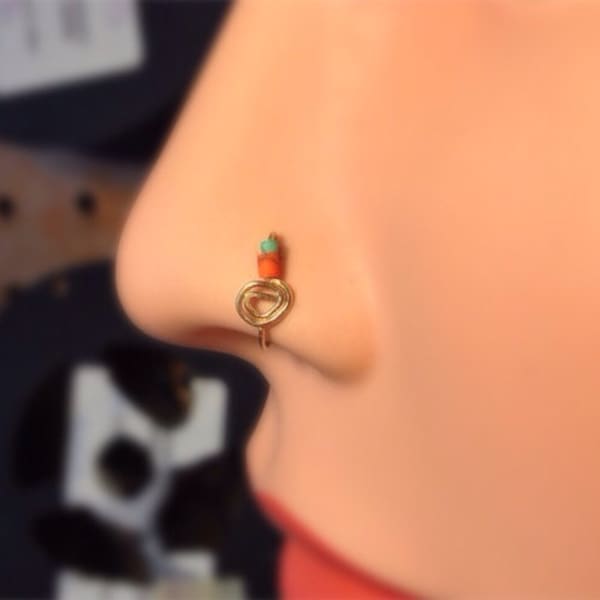 Turquoise and Orange Tribal Nose Ring Hoop, in Gold, Silver or Rose Gold (22 and 24 gauge wire)