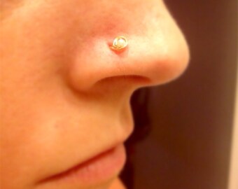 Pink Pearl Nose Stud 24 Gauge Thin Nose Ring in Gold Rose Gold