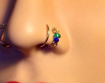 Double Hoop Nose Ring © with Emerald and Matte Blue Bead in Silver, Gold and Rose Gold
