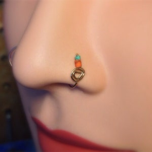 Turquoise and Orange Tribal Nose Ring Hoop, in Gold, Silver or Rose Gold (22 and 24 gauge wire)