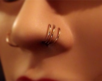 Triple Hoop Nose Ring for single pierced nose, 24, 22 or 20 gauge wire in silver, gold or rose gold, thin nose hoop