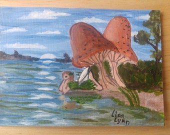 Mini Painting "Daydreaming" Fairy under Mushrooms staring at the Sunlight on the Water 2"X3" ATC card w/sleeve