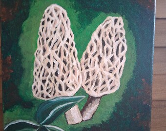 Morel Mushrooms Original Acrylic Painting By Lisa Lynn Rains 8"x10" OOAK