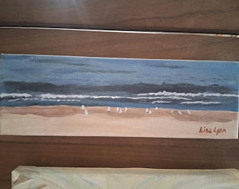 Seagulls at Michigan City Beach Acrylic painting on canvas by Lisa Lynn Rains 9x3"