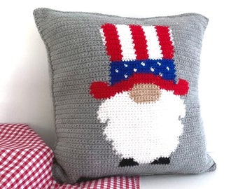 Gnome Crochet Pillow Pattern Crochet Pillow Gnome Patriotic  DIY Farmhouse Decor Crochet Cushion Pattern Intarsia Red White Blue Gnome