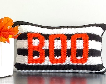 Halloween Crochet Pillow Pattern Crochet Pillow Word DIY Fall Farmhouse Home Decor BOO Stripe Crochet Cushion Pattern Thanksgiving Intarsia