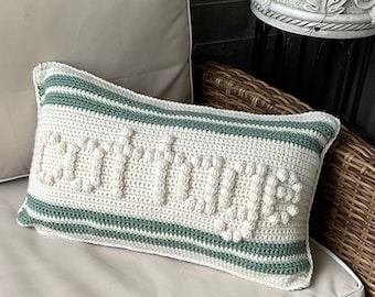Fall Crochet Pattern COTTAGE Pillow Crochet Cushion DIY Home Bobble Cottage Style Pillow Pattern Coastal Lake Autumn Lumbar Stripe Word