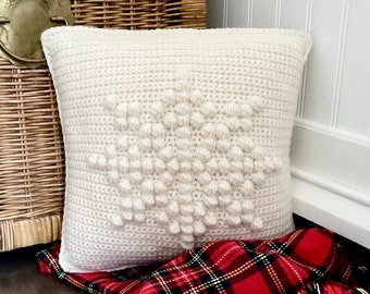 Christmas Crochet Pillow Pattern Snowflake Crochet Pillow DIY Farmhouse Home Holiday Crochet Cushion Pattern Winter Let It Snow Bobble