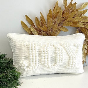 Christmas Crochet Pillow Pattern JOY Crochet Pillow DIY Farmhouse Home Decor Word Crochet Cushion Pattern Holiday Bobble Winter Lumbar JOY image 1