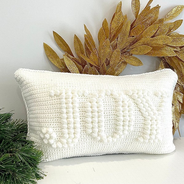 Christmas Crochet Pillow Pattern JOY Crochet Pillow DIY Farmhouse Home Decor Word Crochet Cushion Pattern Holiday Bobble Winter Lumbar JOY