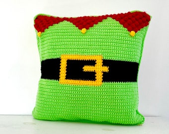 Christmas Crochet Pattern Pillow Christmas Elf Crochet Pillow DIY Elf Farmhouse Decor Santa Helper Crochet Cushion Pattern Intarsia Bobble