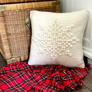 Christmas Crochet Pillow Pattern Snowflake Crochet Pillow DIY Farmhouse Home Decor Crochet Cushion Pattern Winter Let It Snow Bobble 18 x 18