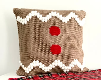 Christmas Crochet Pattern Pillow Gingerbread Man Crochet Pillow DIY Farmhouse Decor Hot Cocoa Crochet Cushion Pattern Intarsia Bobble