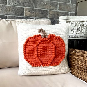 Pumpkin Crochet Pillow Pattern Fall Crochet Bobble Pumpkin Pillow DIY Farmhouse Home Decor Thanksgiving Halloween Crochet Cushion Autumn