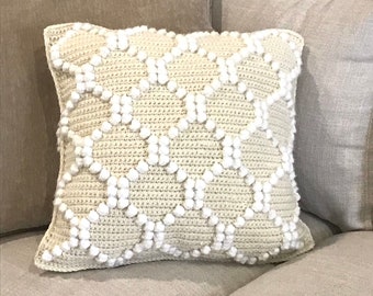 Patrón de almohada de ganchillo con diamantes, cojín con pompones, enrejado para bricolaje, decoración del hogar estilo granja de San Valentín, patrón moderno de abeja de ganchillo, estilo bohemio, picnic, panal de abeja